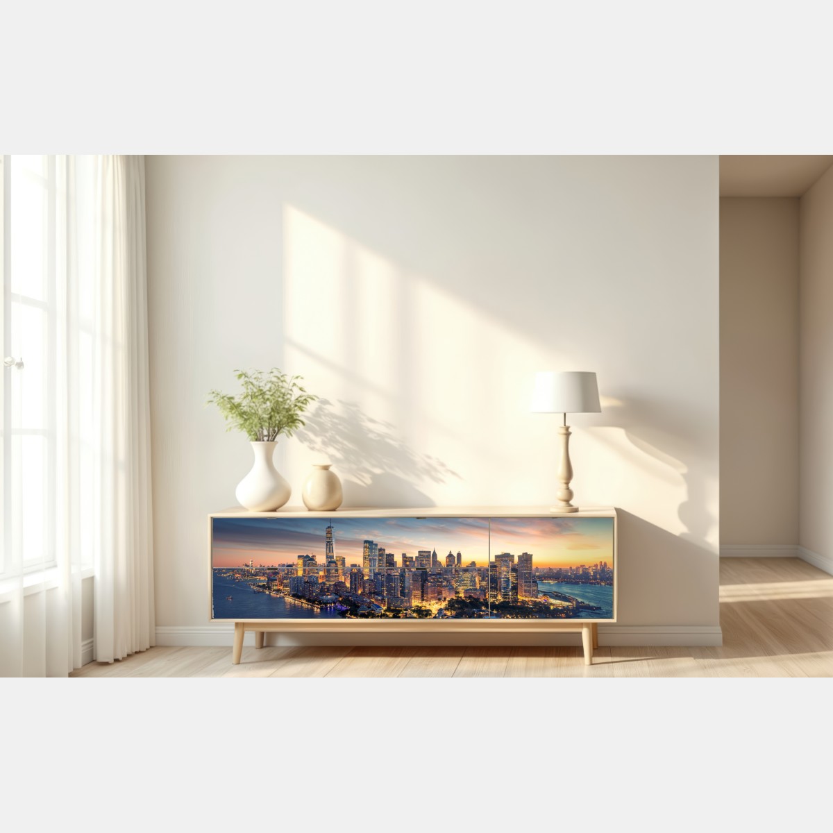 Naklejka repozycjonowalna Manhattan panorama o wschodzie słońca – Wallissimo® Naklejka repozycjonowalna Manhattan panorama o wschodzie słońca – Wallissimo®