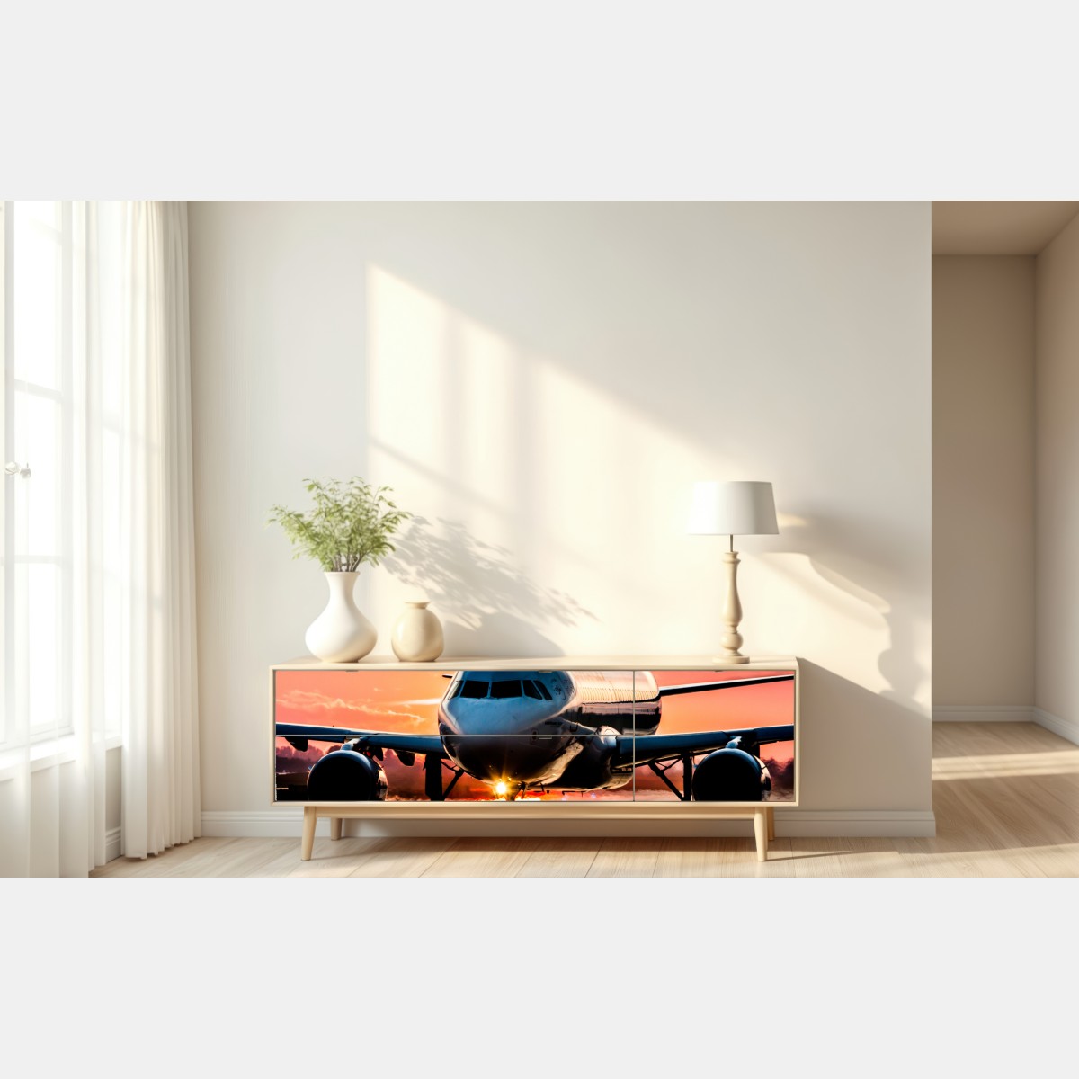 Naklejka repozycjonowalna odrzutowiec przy zachodzie słońca na pasie startowym – Wallissimo® Naklejka repozycjonowalna odrzutowiec przy zachodzie słońca na pasie startowym – Wallissimo®