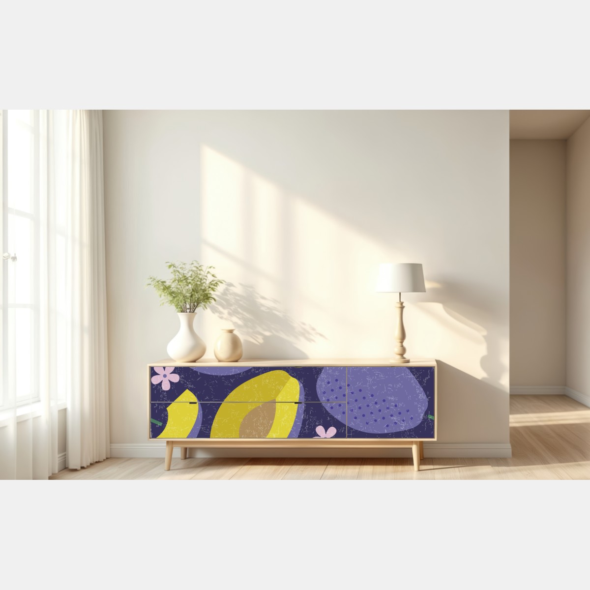 Naklejka repozycjonowalna radosny wzór ze śliwkami i liśćmi – Wallissimo® Naklejka repozycjonowalna radosny wzór ze śliwkami i liśćmi – Wallissimo®