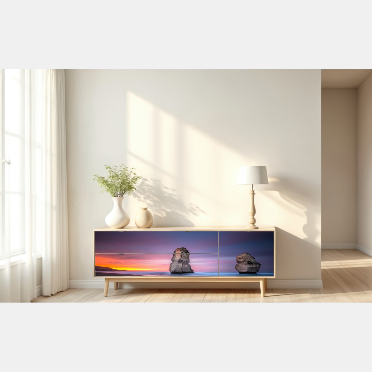 Naklejka repozycjonowalna spokojny morski pejzaż z formacjami skalnymi o zachodzie słońca – Wallissimo® Naklejka repozycjonowalna spokojny morski pejzaż z formacjami skalnymi o zachodzie słońca – Wallissimo®