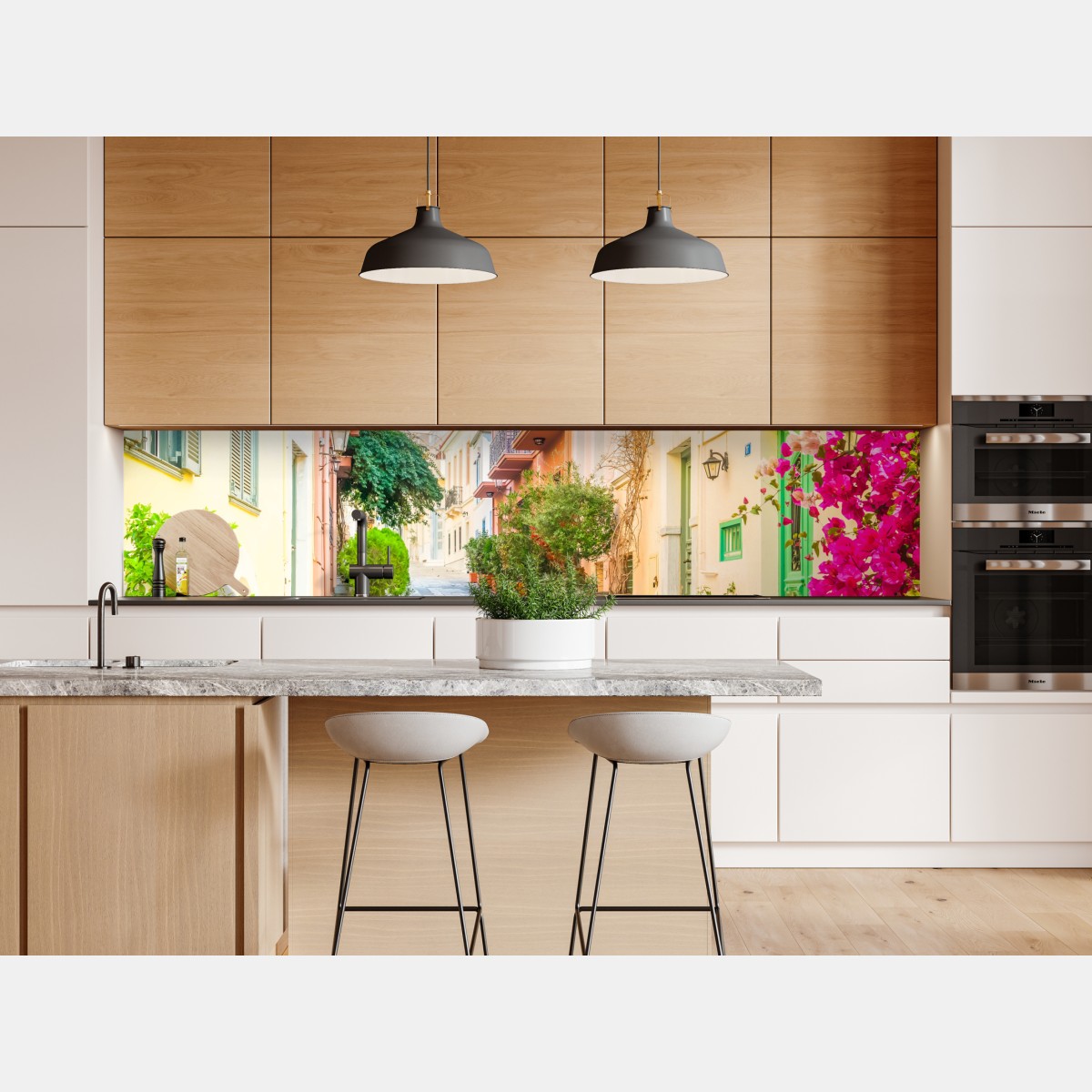 Naklejka repozycjonowalna słoneczna grecka uliczka z bougainvilleą – Wallissimo® Naklejka repozycjonowalna słoneczna grecka uliczka z bougainvilleą – Wallissimo®