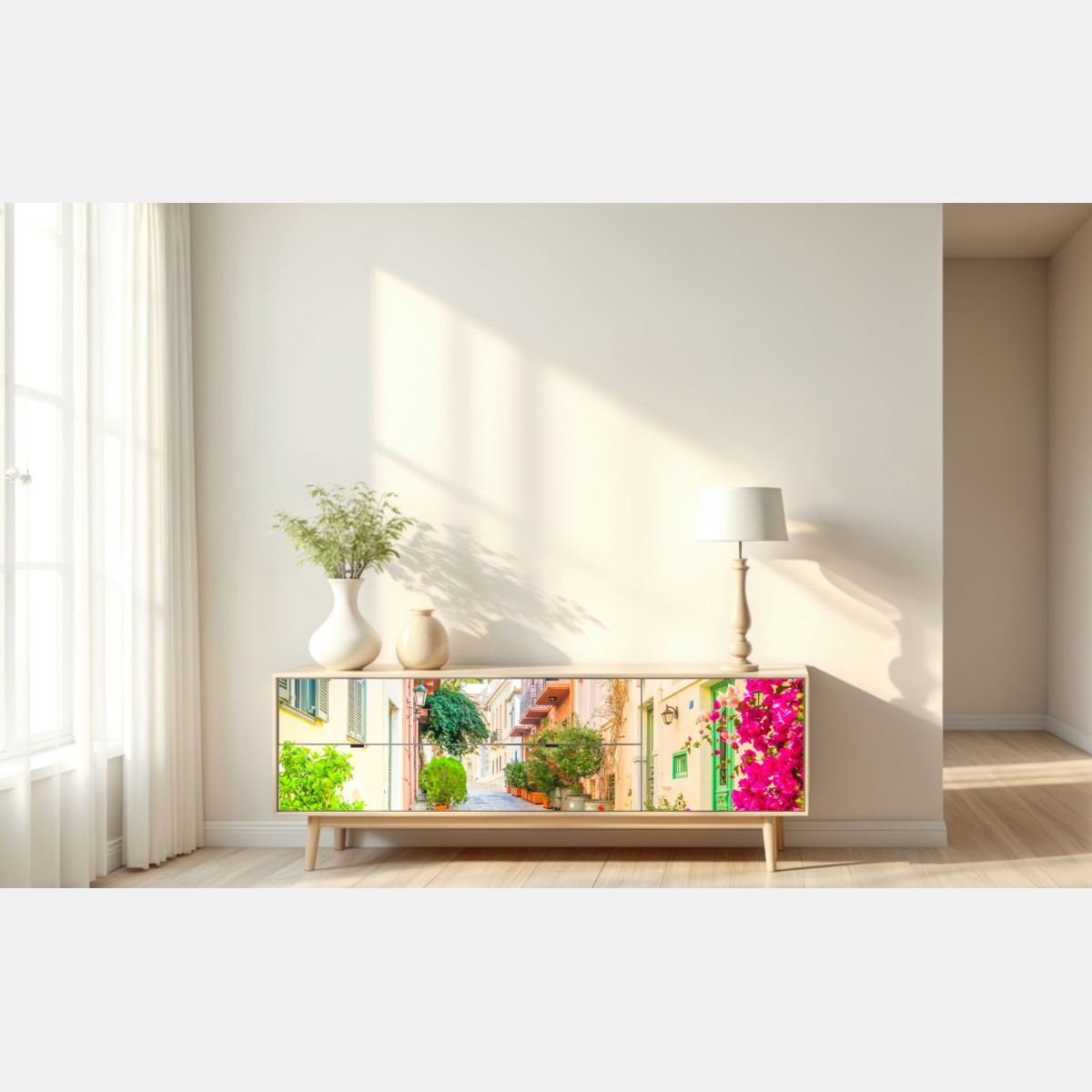 Naklejka repozycjonowalna słoneczna grecka uliczka z bougainvilleą – Wallissimo® Naklejka repozycjonowalna słoneczna grecka uliczka z bougainvilleą – Wallissimo®