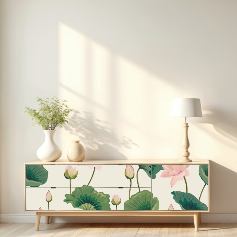 Naklejka repozycjonowalna spokojny botaniczny wzór lotosu – Wallissimo® Naklejka repozycjonowalna spokojny botaniczny wzór lotosu – Wallissimo®