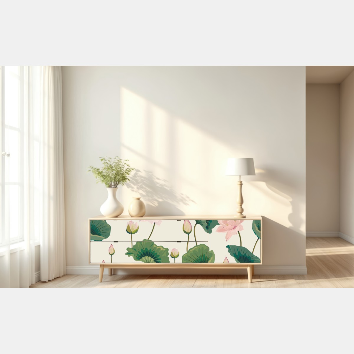 Naklejka repozycjonowalna spokojny botaniczny wzór lotosu – Wallissimo® Naklejka repozycjonowalna spokojny botaniczny wzór lotosu – Wallissimo®