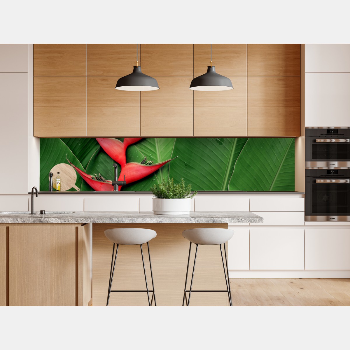 Naklejka repozycjonowalna intensywna heliconia na tropikalnych liściach – Wallissimo® Naklejka repozycjonowalna intensywna heliconia na tropikalnych liściach – Wallissimo®