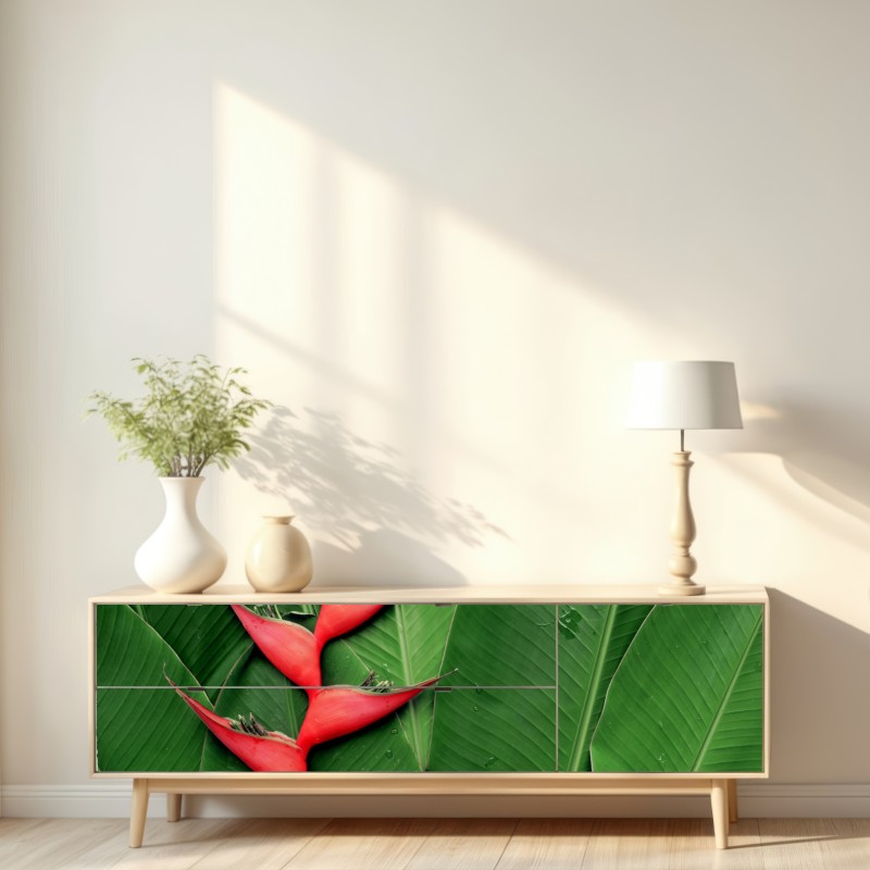 Naklejka repozycjonowalna intensywna heliconia na tropikalnych liściach – Wallissimo® Naklejka repozycjonowalna intensywna heliconia na tropikalnych liściach – Wallissimo®