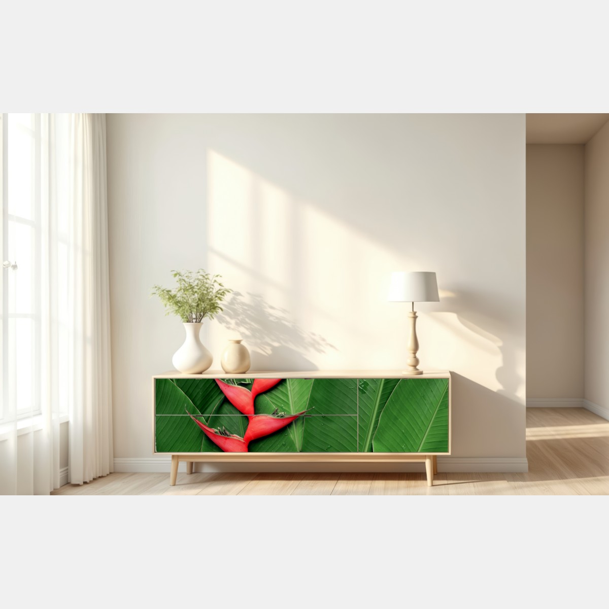 Naklejka repozycjonowalna intensywna heliconia na tropikalnych liściach – Wallissimo® Naklejka repozycjonowalna intensywna heliconia na tropikalnych liściach – Wallissimo®