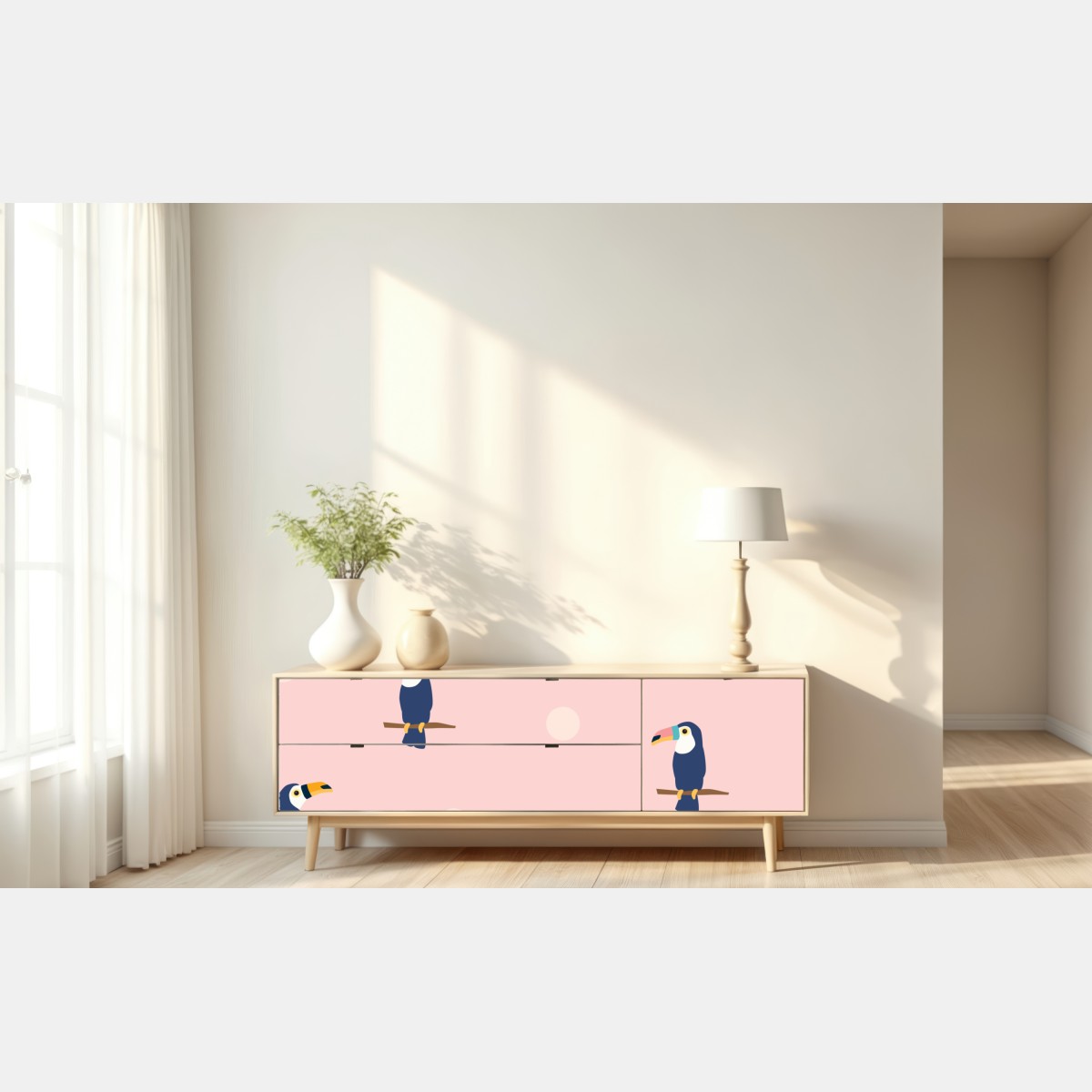 Naklejka repozycjonowalna wesoły wzór z tukanami na pastelowym różu – Wallissimo® Naklejka repozycjonowalna wesoły wzór z tukanami na pastelowym różu – Wallissimo®