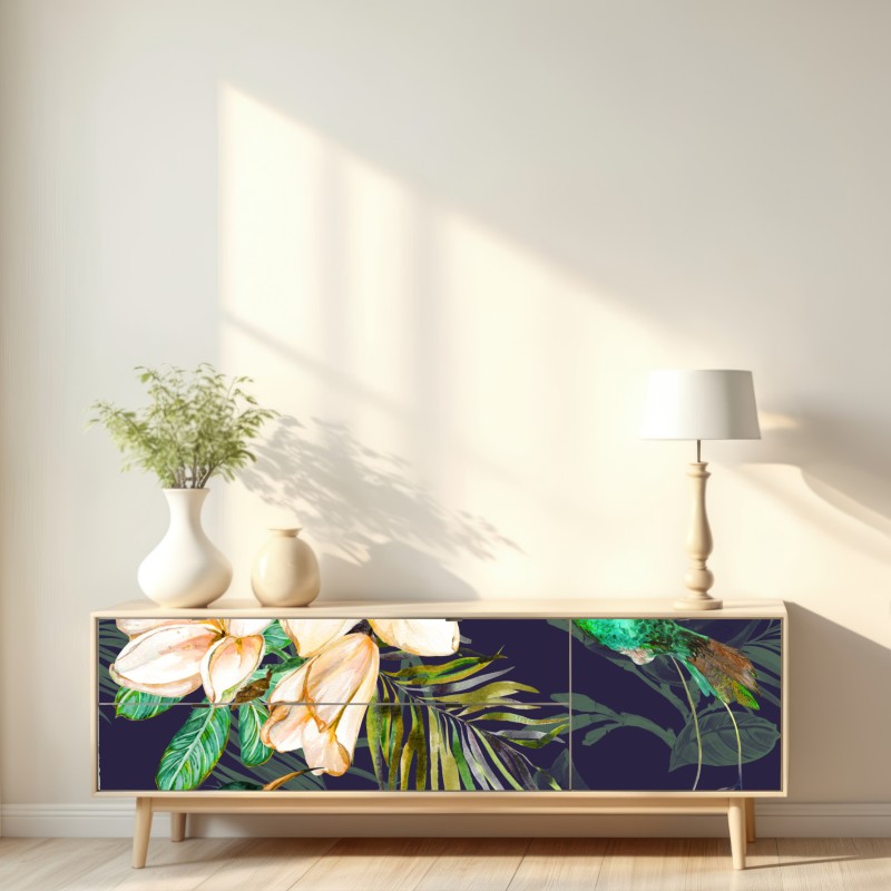 Naklejka repozycjonowalna tropikalne kolibry i plumeria w akwareli – Wallissimo® Naklejka repozycjonowalna tropikalne kolibry i plumeria w akwareli – Wallissimo®