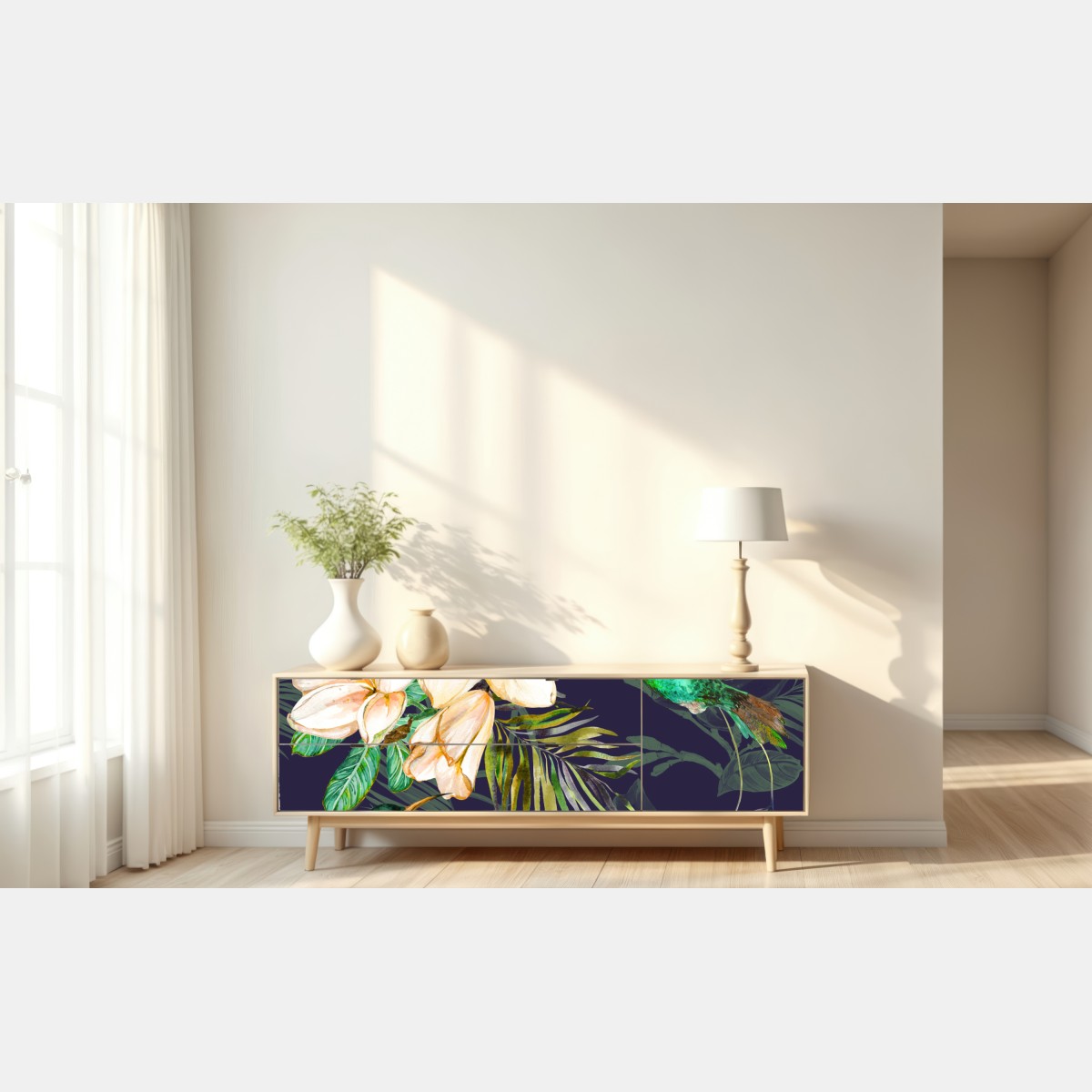 Naklejka repozycjonowalna tropikalne kolibry i plumeria w akwareli – Wallissimo® Naklejka repozycjonowalna tropikalne kolibry i plumeria w akwareli – Wallissimo®