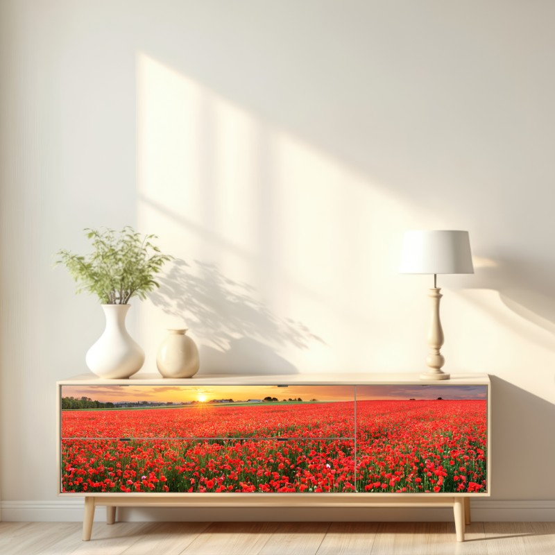 Naklejka repozycjonowalna pole maków o zachodzie słońca – Wallissimo® Naklejka repozycjonowalna pole maków o zachodzie słońca – Wallissimo®