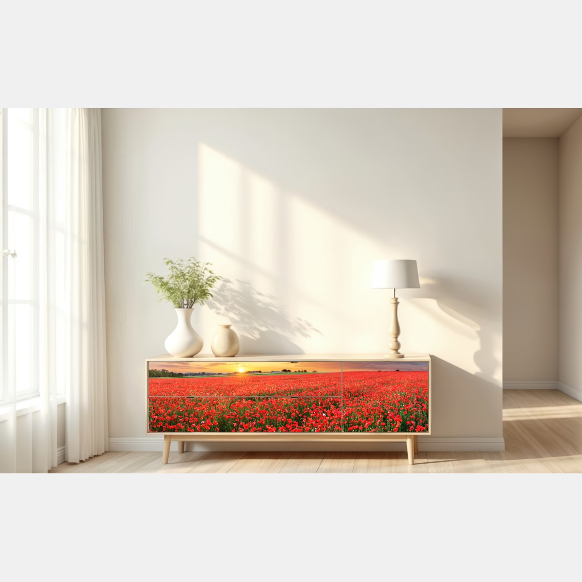 Naklejka repozycjonowalna pole maków o zachodzie słońca – Wallissimo® Naklejka repozycjonowalna pole maków o zachodzie słońca – Wallissimo®