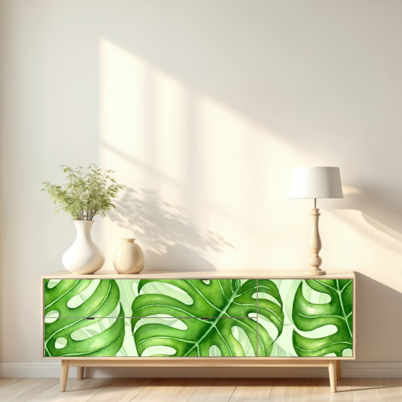 Naklejka repozycjonowalna akwarelowy wzór liści monstery – Wallissimo® Naklejka repozycjonowalna akwarelowy wzór liści monstery – Wallissimo®