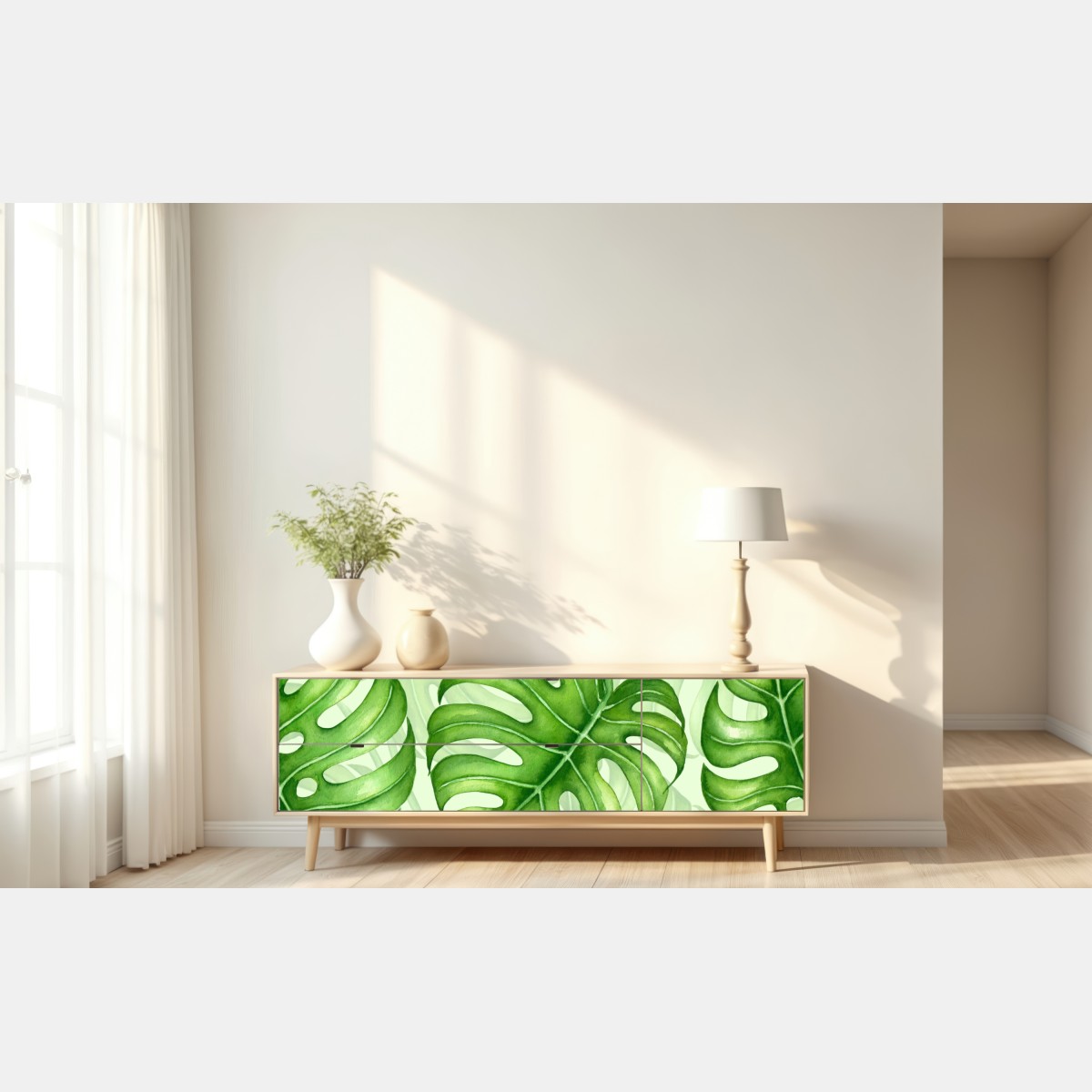 Naklejka repozycjonowalna akwarelowy wzór liści monstery – Wallissimo® Naklejka repozycjonowalna akwarelowy wzór liści monstery – Wallissimo®