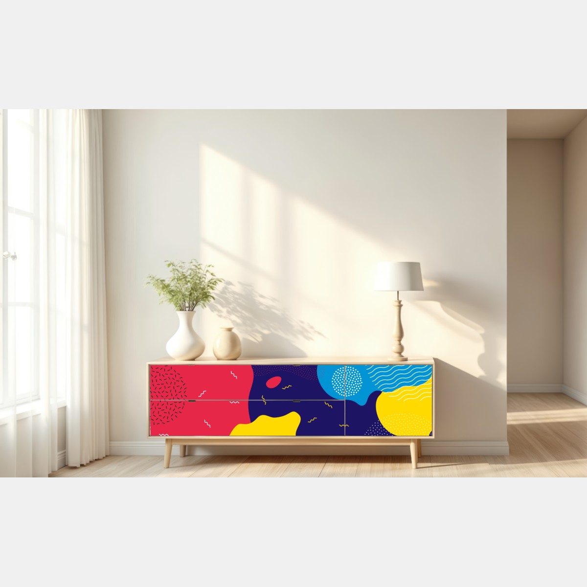 Naklejka repozycjonowalna żywy abstrakcyjny wzór kształtów – Wallissimo® Naklejka repozycjonowalna żywy abstrakcyjny wzór kształtów – Wallissimo®