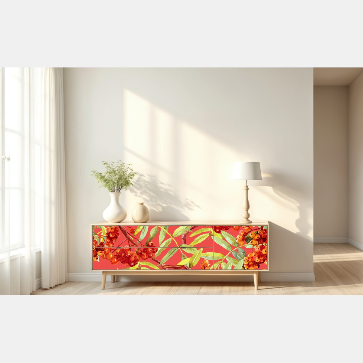 Naklejka repozycjonowalna akwarelowy wzór jarzębiny – Wallissimo® Naklejka repozycjonowalna akwarelowy wzór jarzębiny – Wallissimo®