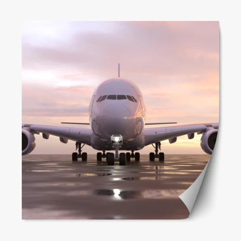 Naklejka repozycjonowalna odrzutowiec na pasie startowym o zachodzie słońca