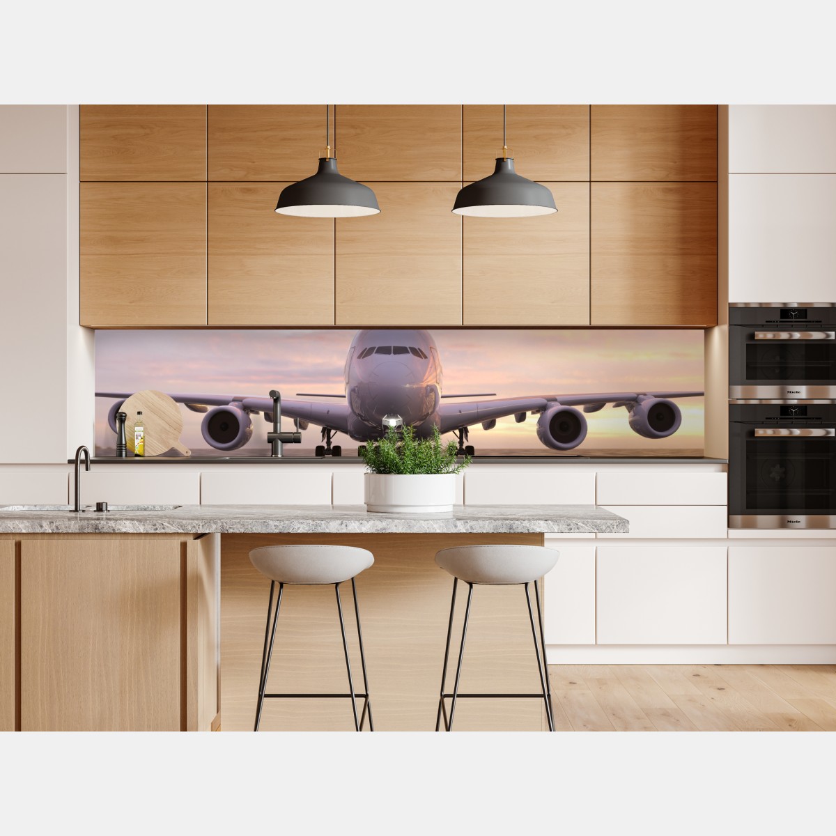 Naklejka repozycjonowalna odrzutowiec na pasie startowym o zachodzie słońca – Wallissimo® Naklejka repozycjonowalna odrzutowiec na pasie startowym o zachodzie słońca – Wallissimo®