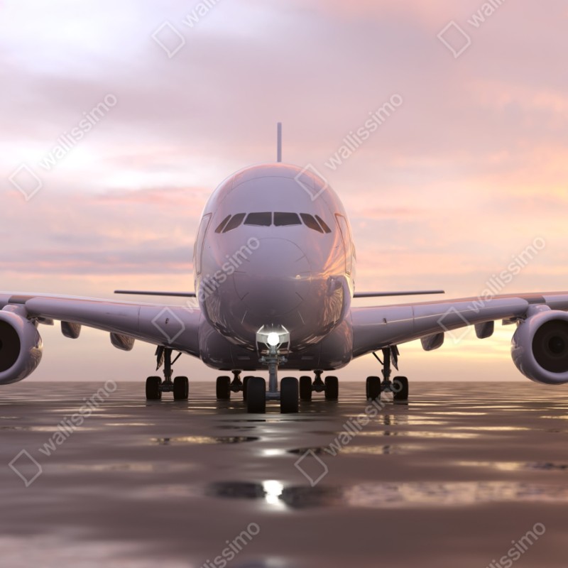 Naklejka repozycjonowalna odrzutowiec na pasie startowym o zachodzie słońca – Wallissimo® Naklejka repozycjonowalna odrzutowiec na pasie startowym o zachodzie słońca – Wallissimo®