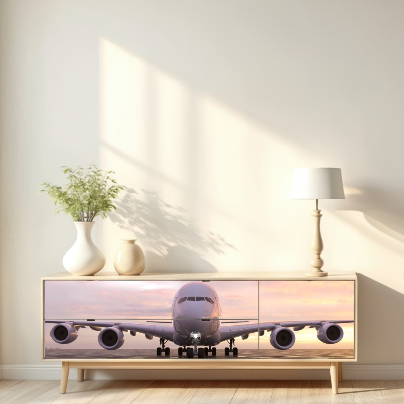 Naklejka repozycjonowalna odrzutowiec na pasie startowym o zachodzie słońca – Wallissimo® Naklejka repozycjonowalna odrzutowiec na pasie startowym o zachodzie słońca – Wallissimo®