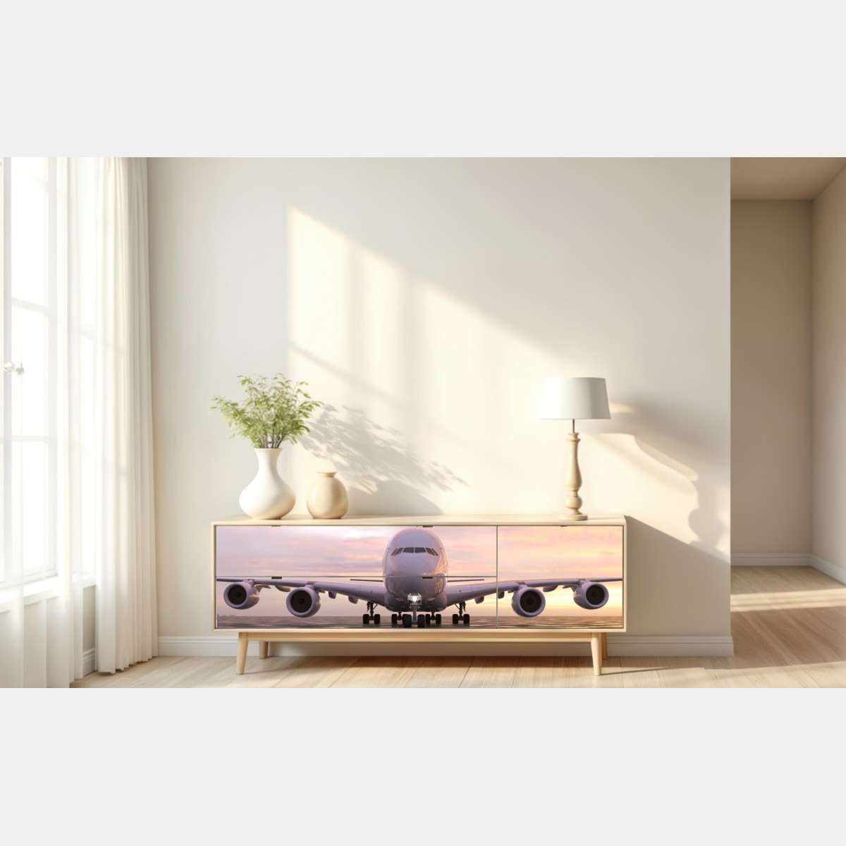 Naklejka repozycjonowalna odrzutowiec na pasie startowym o zachodzie słońca – Wallissimo® Naklejka repozycjonowalna odrzutowiec na pasie startowym o zachodzie słońca – Wallissimo®