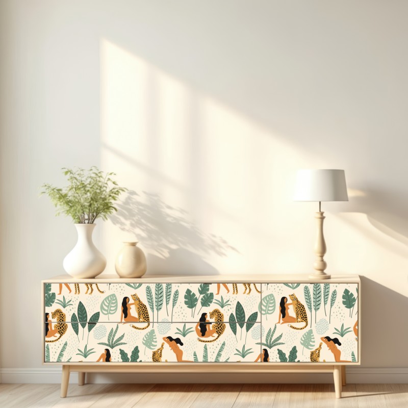 Naklejka repozycjonowalna egzotyczny wzór z gepardami i liśćmi – Wallissimo® Naklejka repozycjonowalna egzotyczny wzór z gepardami i liśćmi – Wallissimo®
