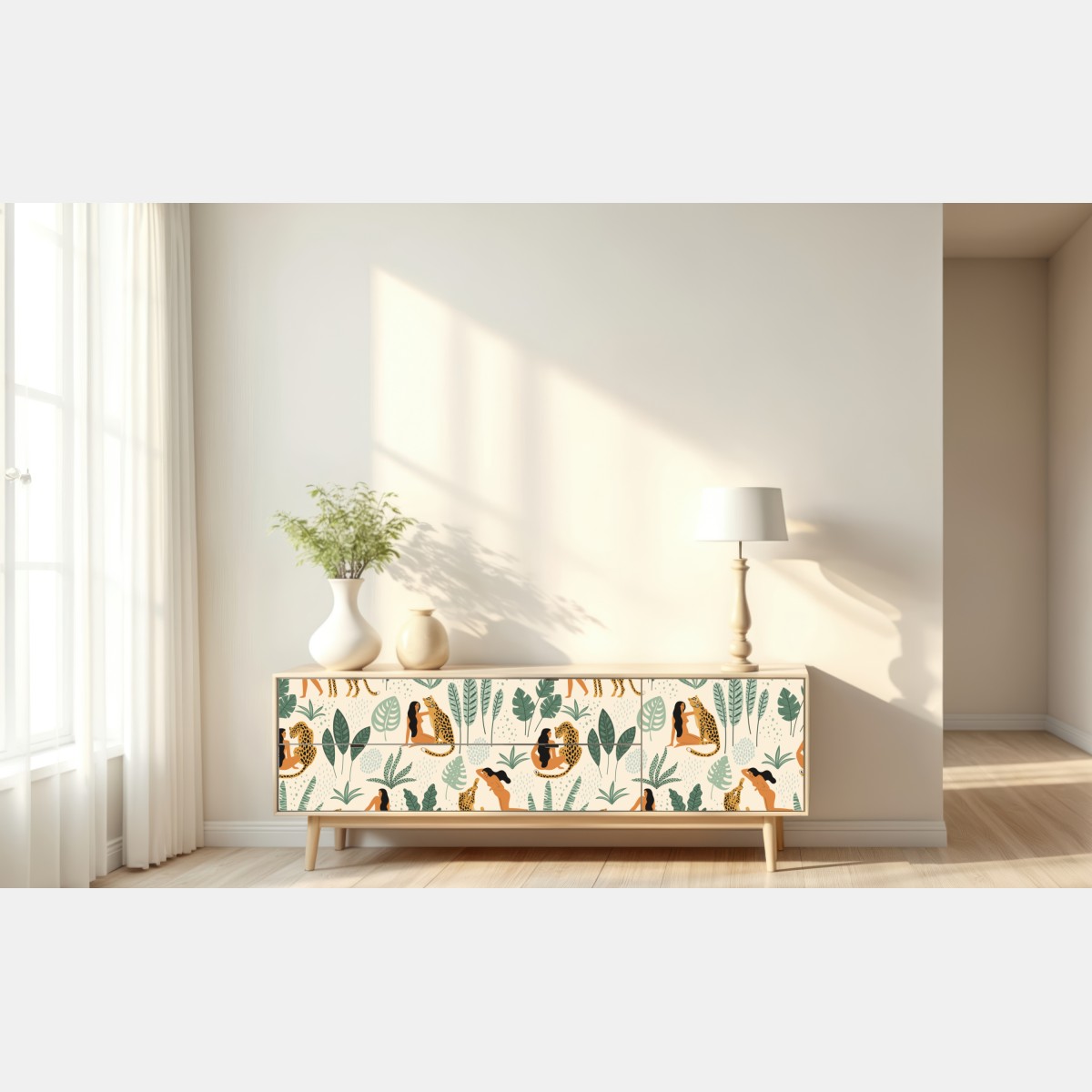 Naklejka repozycjonowalna egzotyczny wzór z gepardami i liśćmi – Wallissimo® Naklejka repozycjonowalna egzotyczny wzór z gepardami i liśćmi – Wallissimo®