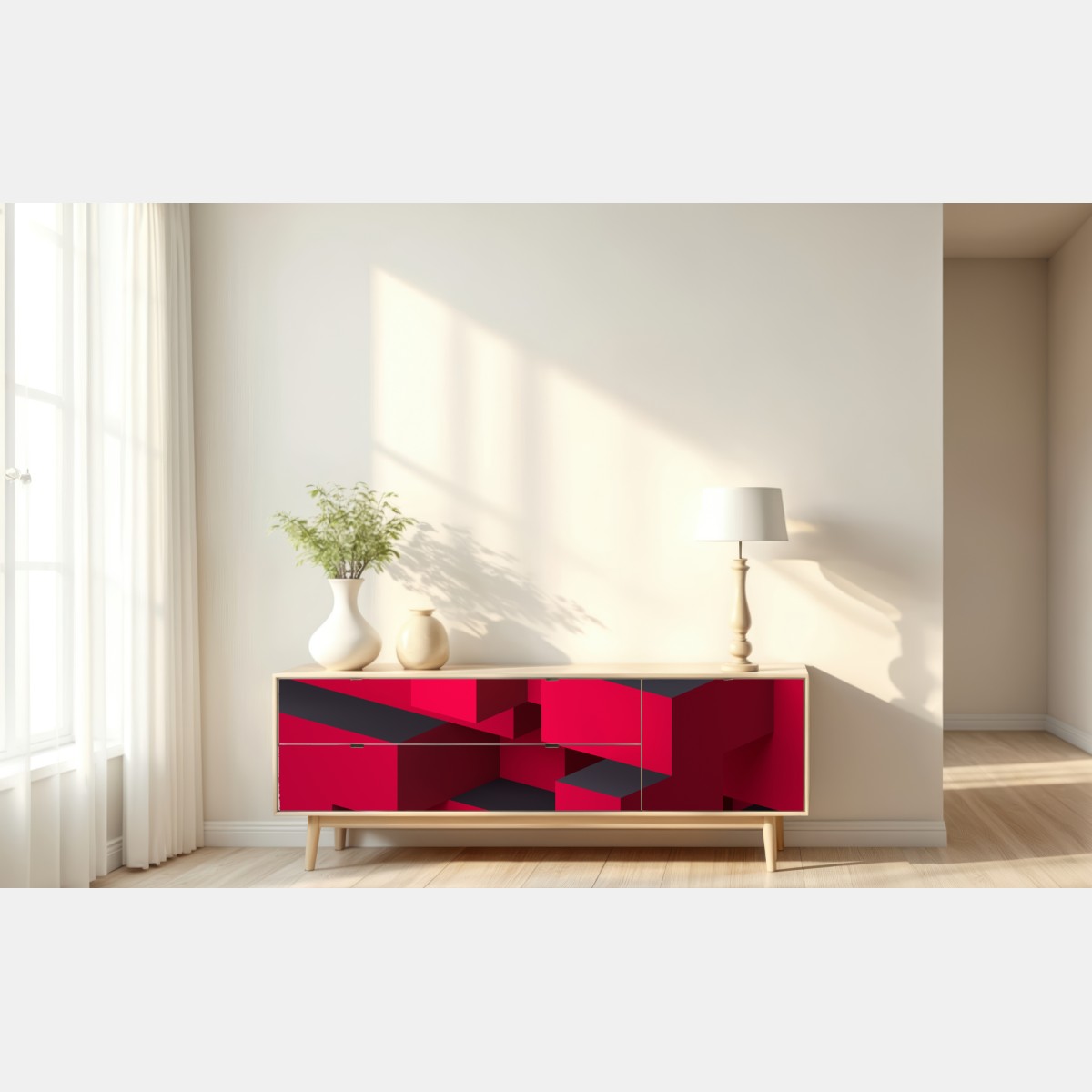 Naklejka repozycjonowalna odważne czerwone geometryczne bloki – Wallissimo® Naklejka repozycjonowalna odważne czerwone geometryczne bloki – Wallissimo®