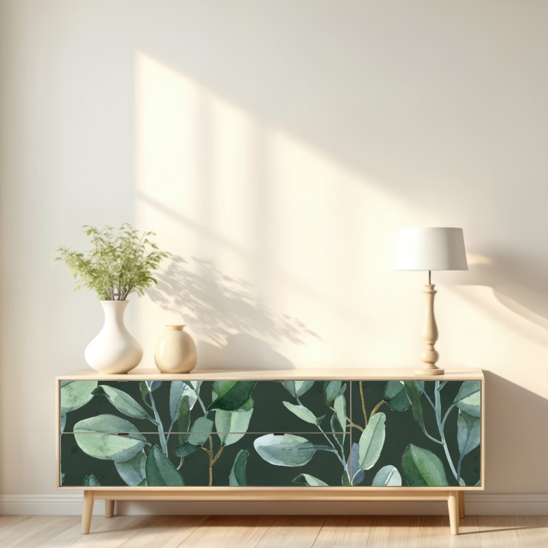 Naklejka repozycjonowalna wzór akwarelowy z liśćmi eukaliptusa na ciemnozielonym tle – Wallissimo® Naklejka repozycjonowalna wzór akwarelowy z liśćmi eukaliptusa na ciemnozielonym tle – Wallissimo®