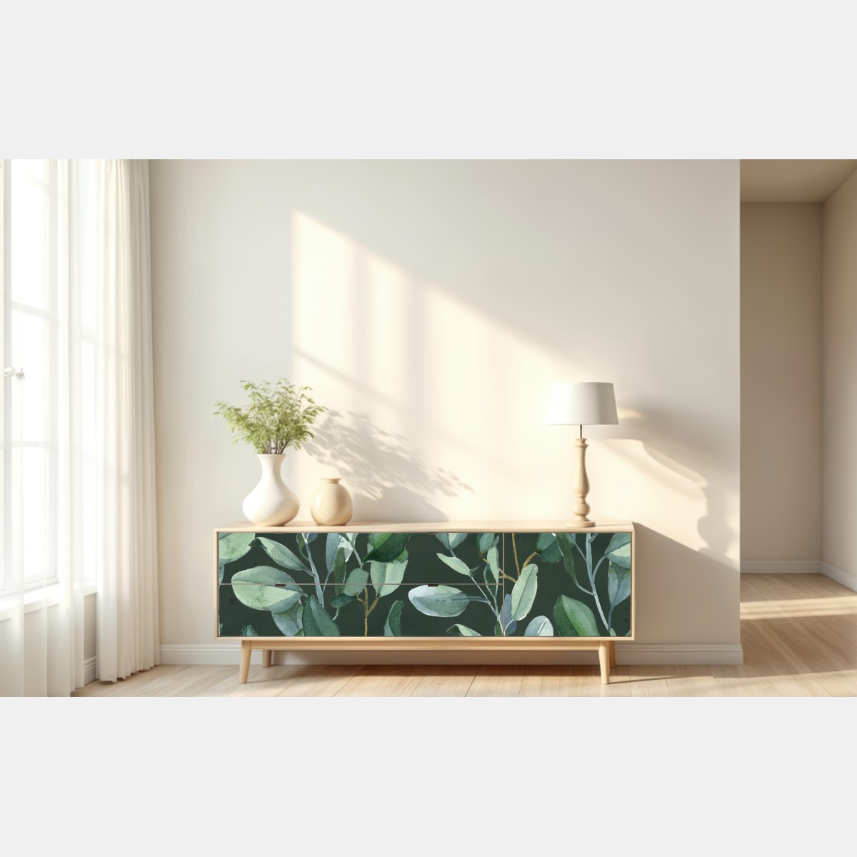 Naklejka repozycjonowalna wzór akwarelowy z liśćmi eukaliptusa na ciemnozielonym tle – Wallissimo® Naklejka repozycjonowalna wzór akwarelowy z liśćmi eukaliptusa na ciemnozielonym tle – Wallissimo®