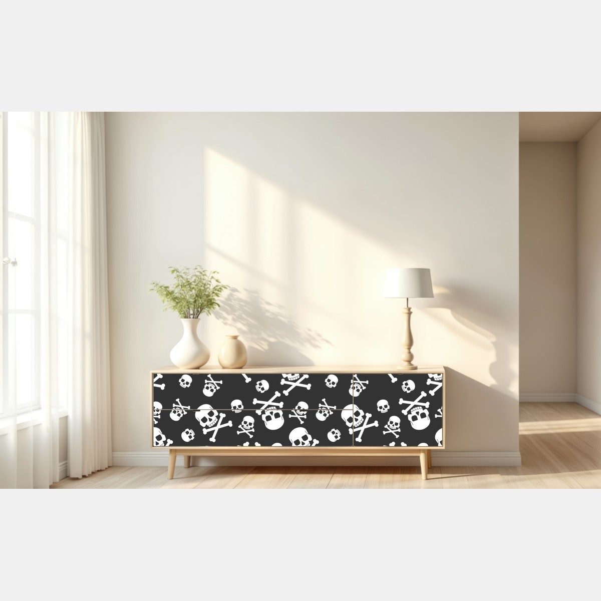 Naklejka repozycjonowalna biały wzór czaszek na szarym tle – Wallissimo® Naklejka repozycjonowalna biały wzór czaszek na szarym tle – Wallissimo®