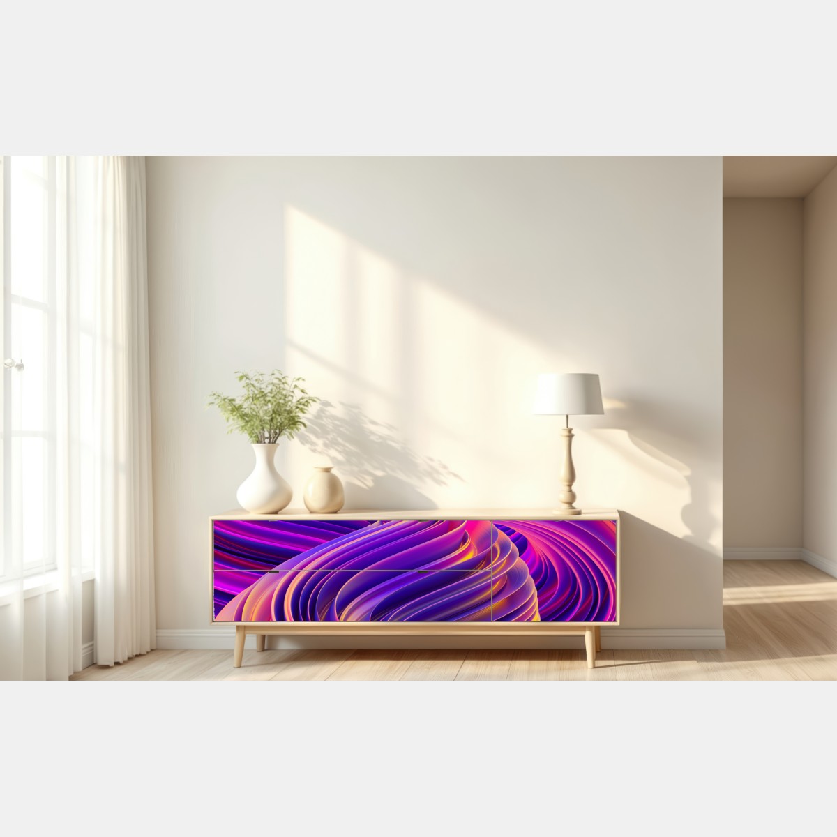 Naklejka repozycjonowalna intensywny fioletowy 3d wir wstęg – Wallissimo® Naklejka repozycjonowalna intensywny fioletowy 3d wir wstęg – Wallissimo®