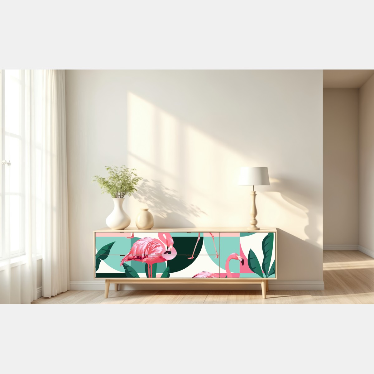 Naklejka repozycjonowalna wzór z różowymi flamingami – Wallissimo® Naklejka repozycjonowalna wzór z różowymi flamingami – Wallissimo®