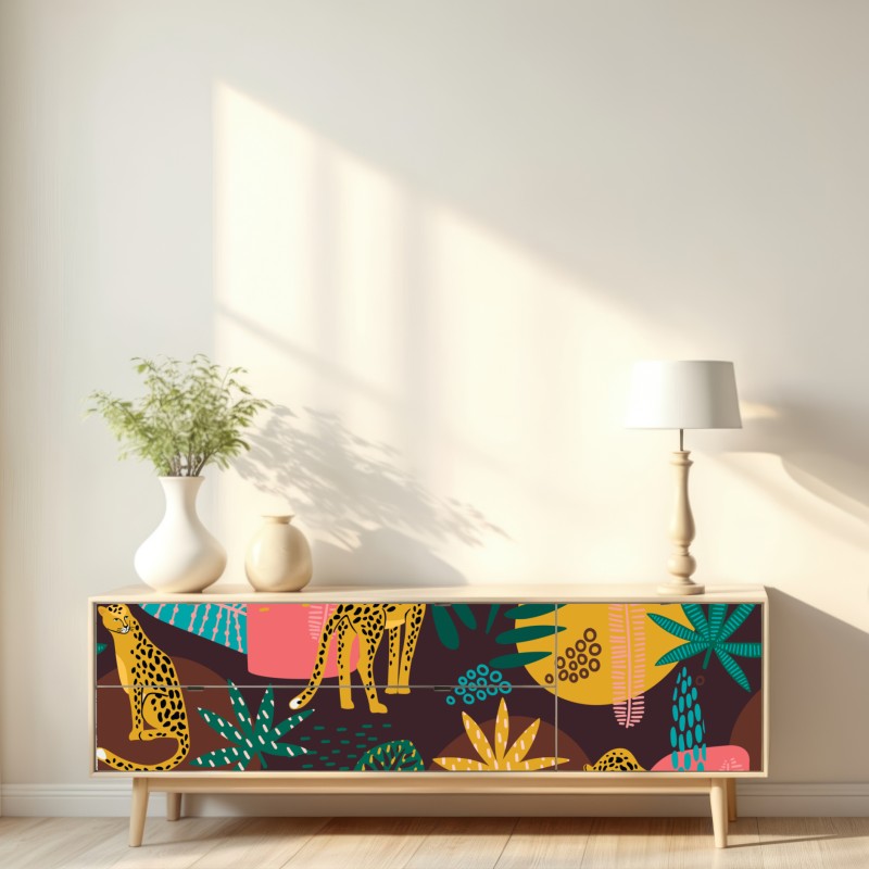 Naklejka repozycjonowalna tropikalny wzór z lampartami – Wallissimo® Naklejka repozycjonowalna tropikalny wzór z lampartami – Wallissimo®