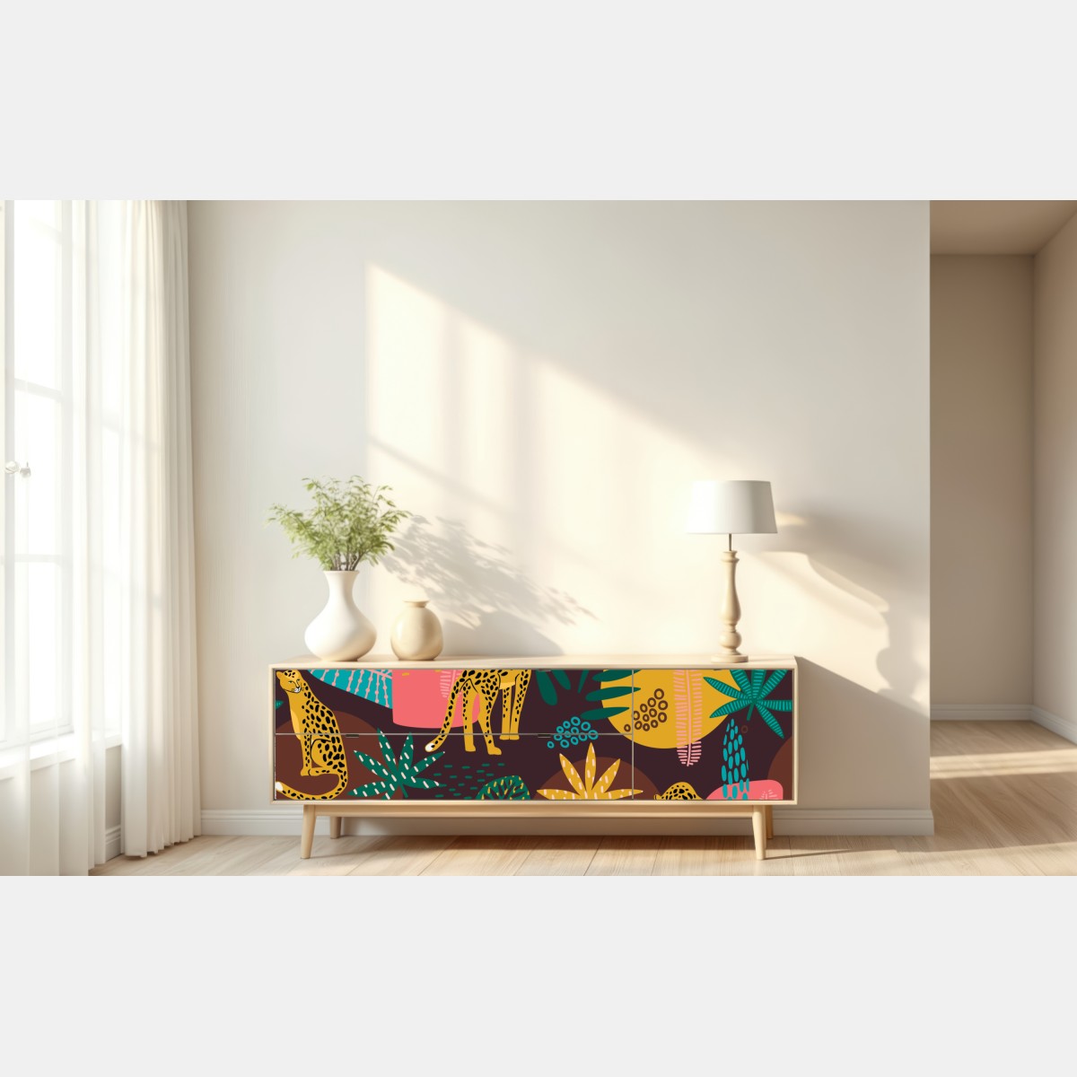 Naklejka repozycjonowalna tropikalny wzór z lampartami – Wallissimo® Naklejka repozycjonowalna tropikalny wzór z lampartami – Wallissimo®