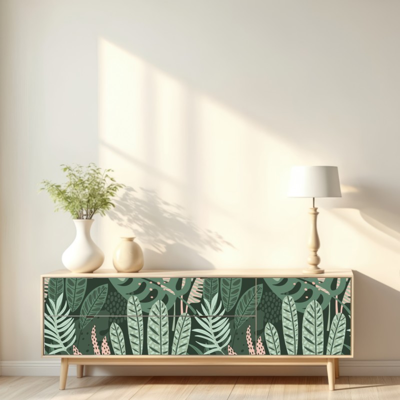 Naklejka repozycjonowalna tropikalny wzór liściowy – Wallissimo® Naklejka repozycjonowalna tropikalny wzór liściowy – Wallissimo®