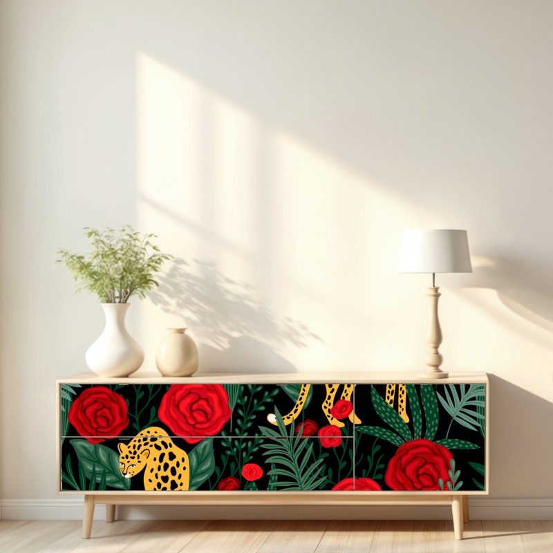 Naklejka repozycjonowalna egzotyczny wzór z gepardami i różami – Wallissimo® Naklejka repozycjonowalna egzotyczny wzór z gepardami i różami – Wallissimo®