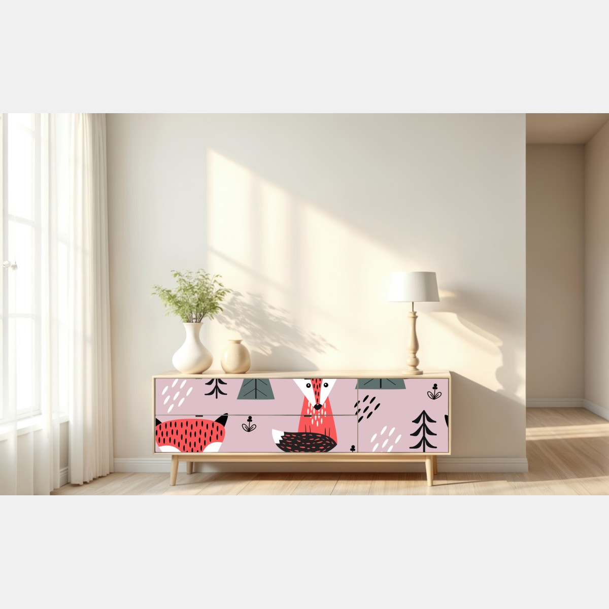 Naklejka repozycjonowalna zabawny wzór z lisami w lesie – Wallissimo® Naklejka repozycjonowalna zabawny wzór z lisami w lesie – Wallissimo®