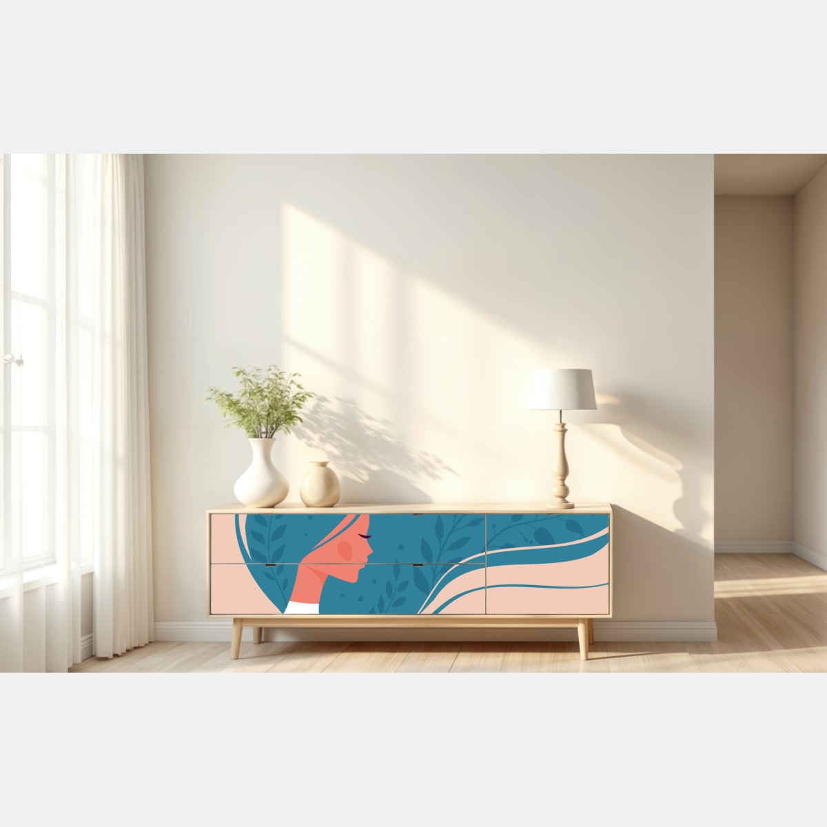 Naklejka repozycjonowalna spokojny kwiatowy profil z falującymi włosami – Wallissimo® Naklejka repozycjonowalna spokojny kwiatowy profil z falującymi włosami – Wallissimo®