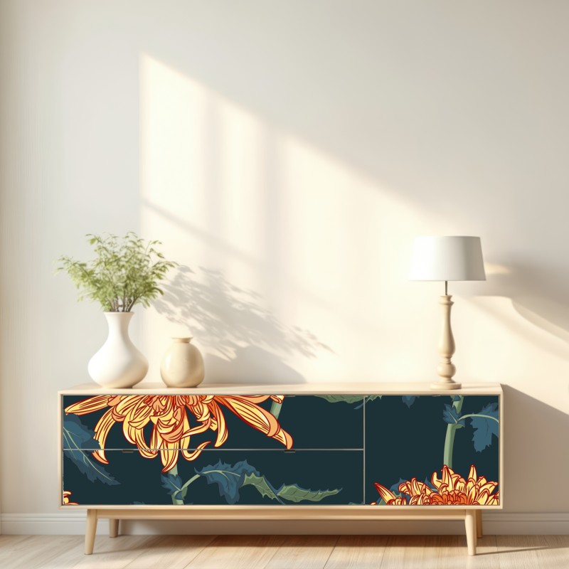 Naklejka repozycjonowalna złota chryzantema botaniczny wzór – Wallissimo® Naklejka repozycjonowalna złota chryzantema botaniczny wzór – Wallissimo®