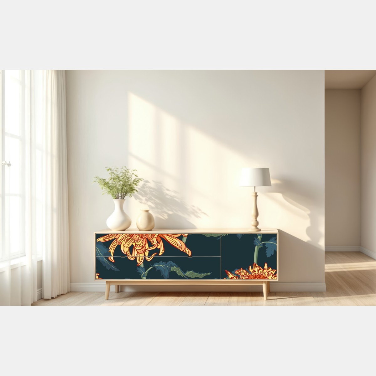 Naklejka repozycjonowalna złota chryzantema botaniczny wzór – Wallissimo® Naklejka repozycjonowalna złota chryzantema botaniczny wzór – Wallissimo®