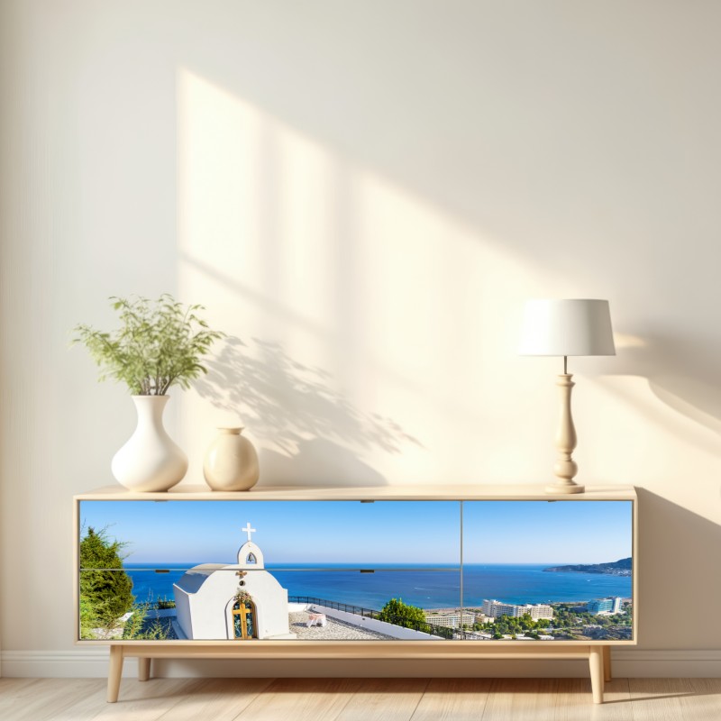 Naklejka repozycjonowalna biała kaplica z widokiem na morze w Faliraki – Wallissimo® Naklejka repozycjonowalna biała kaplica z widokiem na morze w Faliraki – Wallissimo®