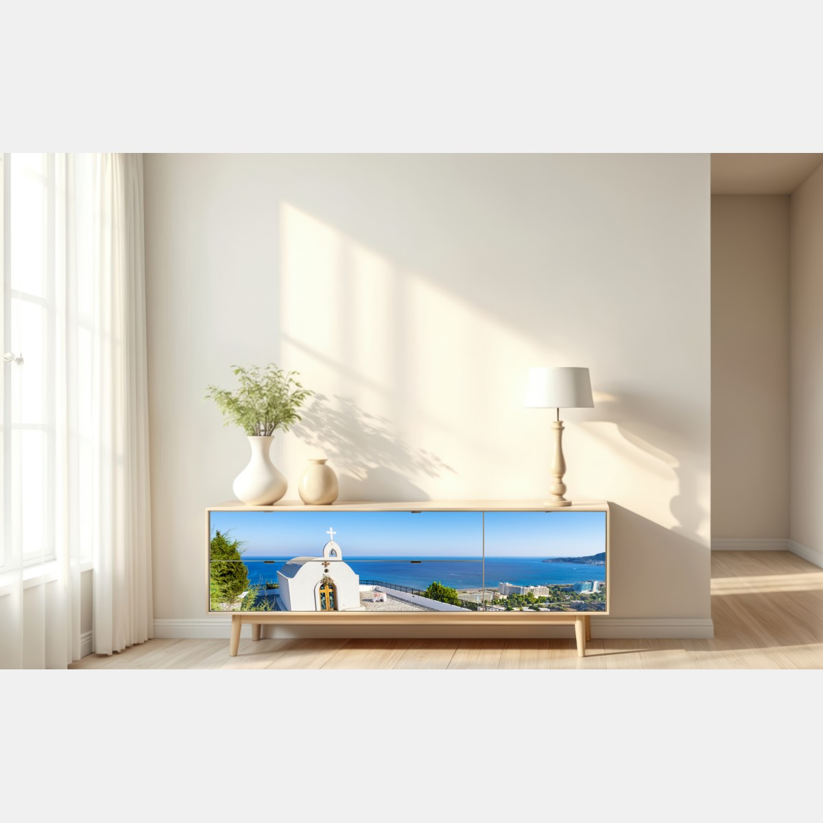 Naklejka repozycjonowalna biała kaplica z widokiem na morze w Faliraki – Wallissimo® Naklejka repozycjonowalna biała kaplica z widokiem na morze w Faliraki – Wallissimo®