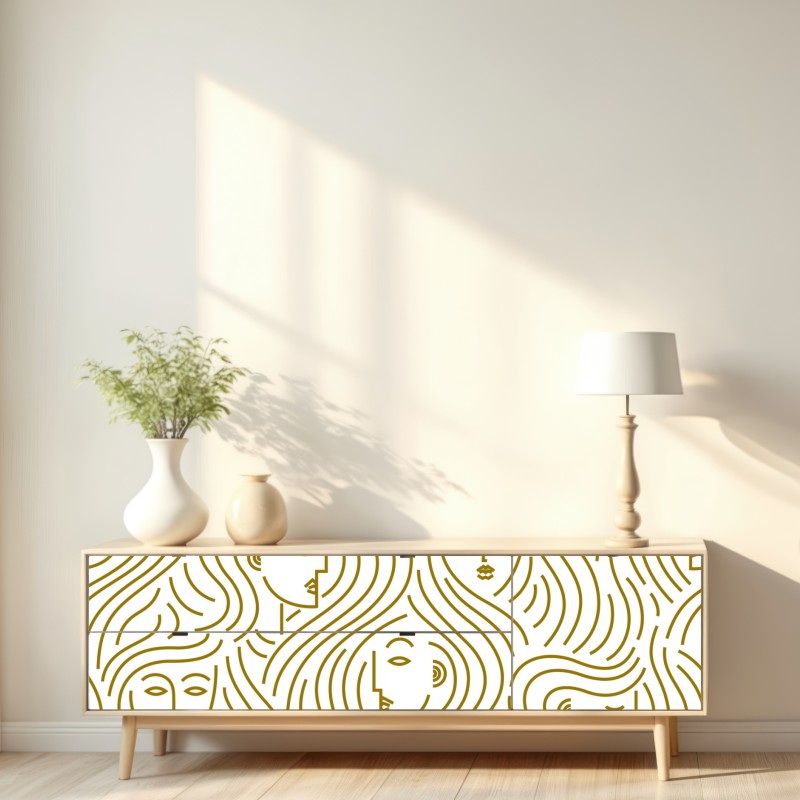 Naklejka repozycjonowalna złote fale i abstrakcyjne twarze bezszwowy wzór – Wallissimo® Naklejka repozycjonowalna złote fale i abstrakcyjne twarze bezszwowy wzór – Wallissimo®