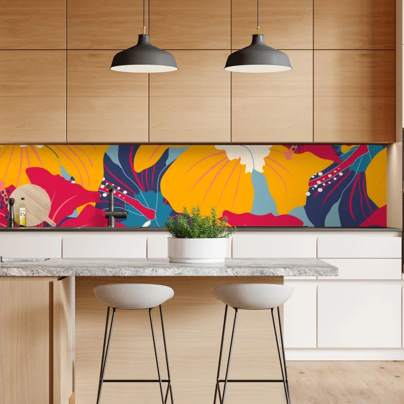 Naklejka repozycjonowalna żywy wzór hibiskusa w stylu retro – Wallissimo® Naklejka repozycjonowalna żywy wzór hibiskusa w stylu retro – Wallissimo®