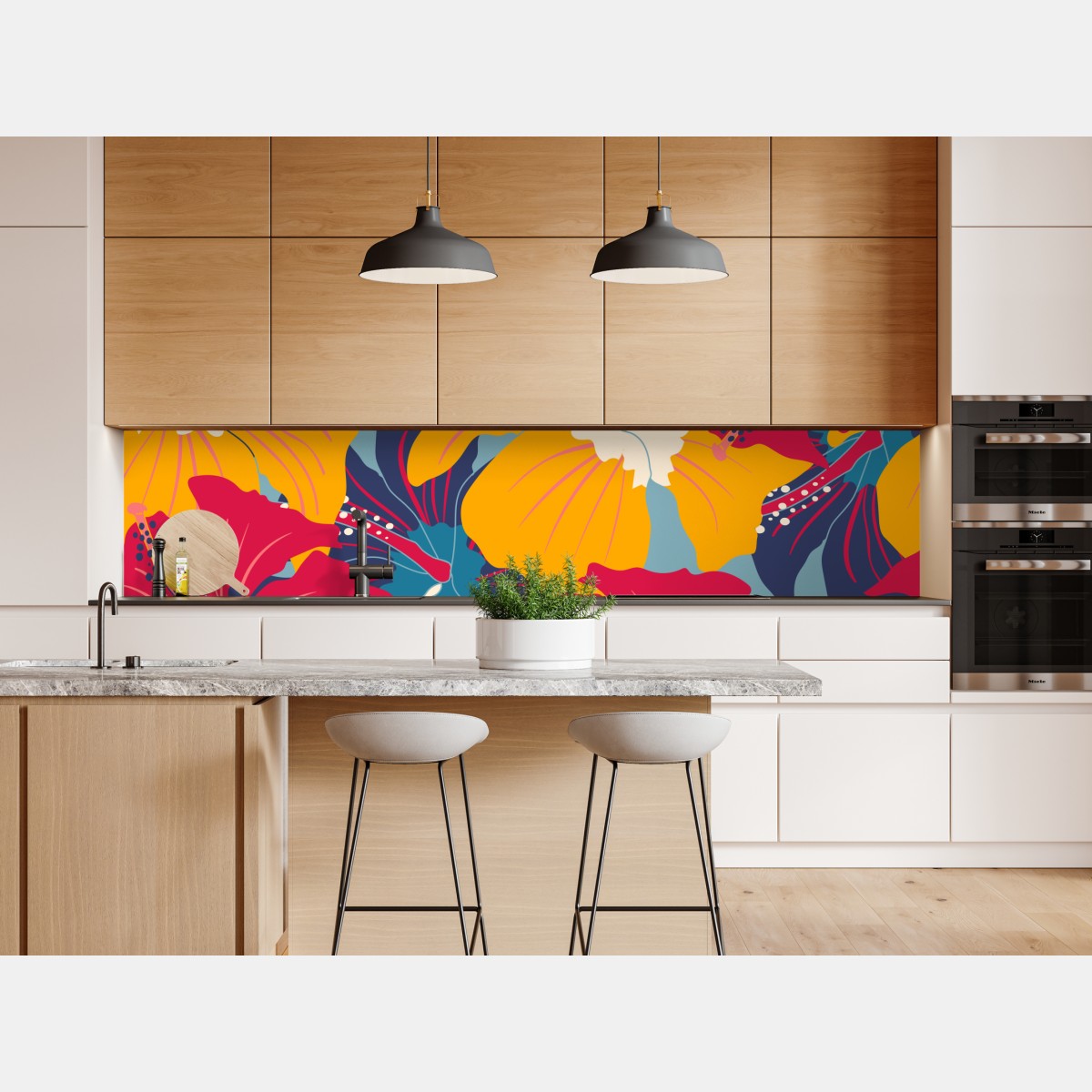 Naklejka repozycjonowalna żywy wzór hibiskusa w stylu retro – Wallissimo® Naklejka repozycjonowalna żywy wzór hibiskusa w stylu retro – Wallissimo®