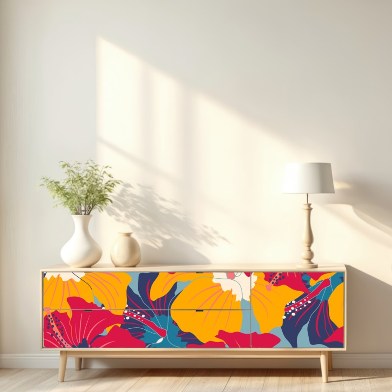 Naklejka repozycjonowalna żywy wzór hibiskusa w stylu retro – Wallissimo® Naklejka repozycjonowalna żywy wzór hibiskusa w stylu retro – Wallissimo®