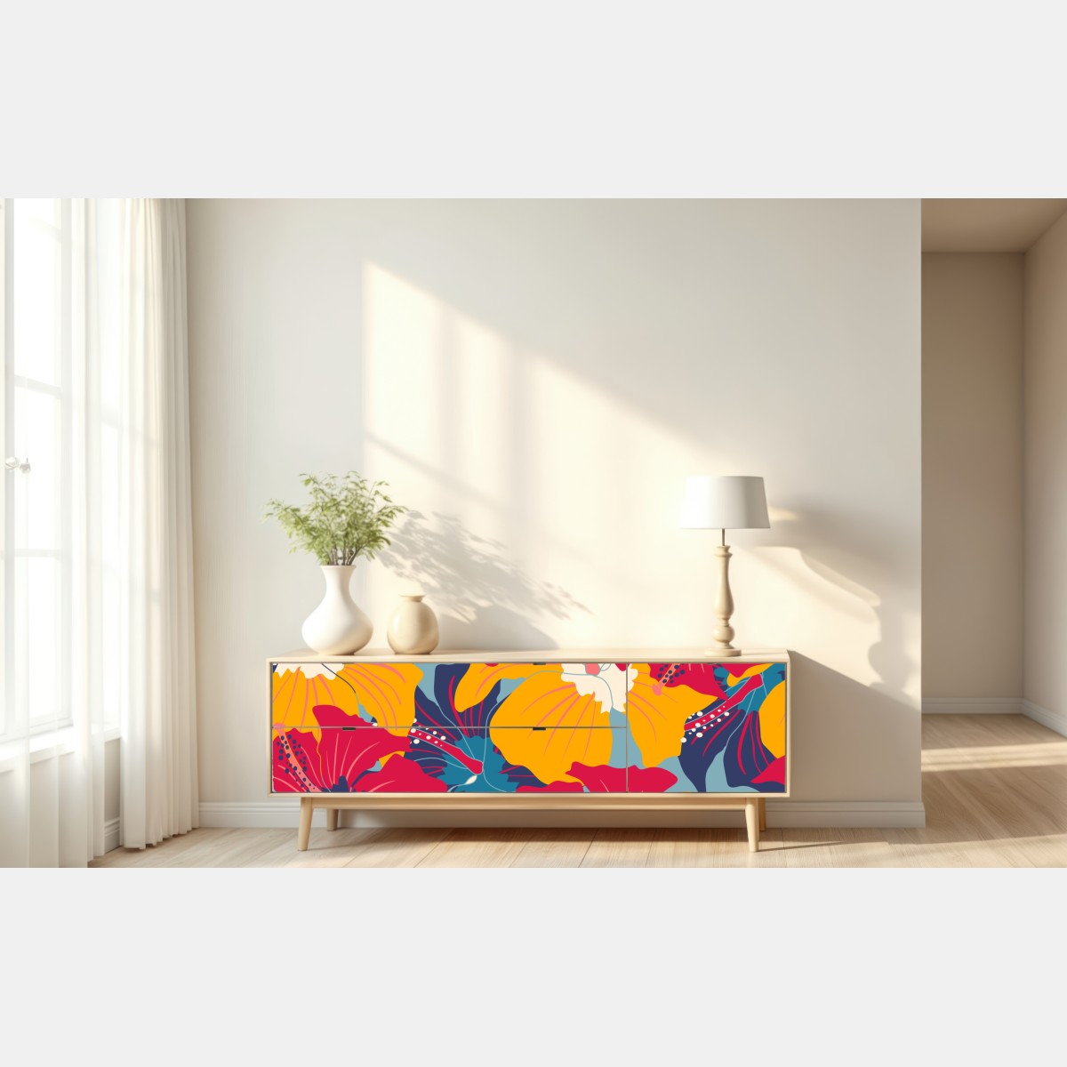 Naklejka repozycjonowalna żywy wzór hibiskusa w stylu retro – Wallissimo® Naklejka repozycjonowalna żywy wzór hibiskusa w stylu retro – Wallissimo®