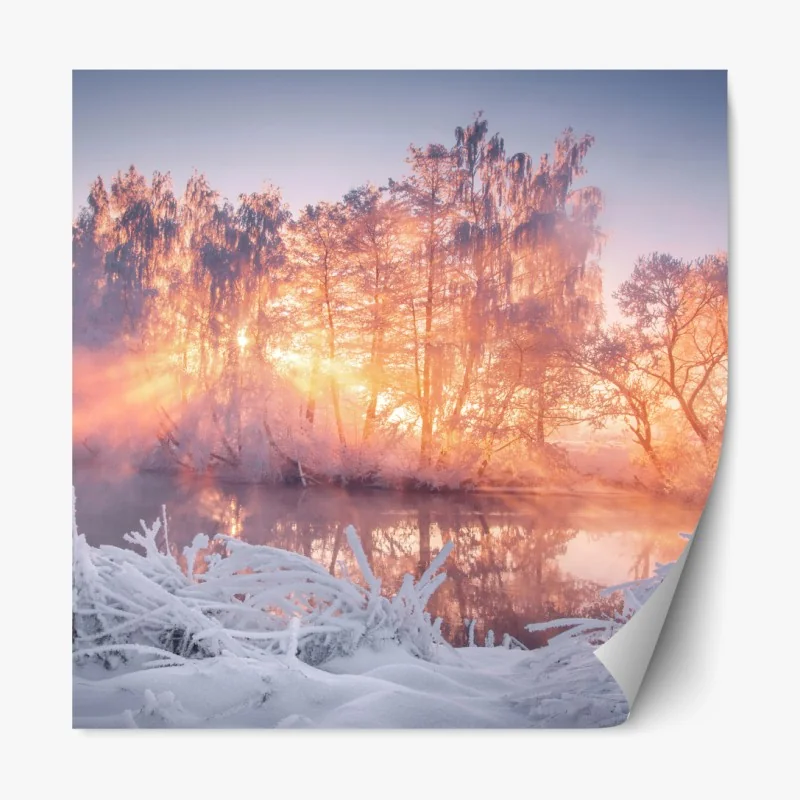 Naklejka repozycjonowalna zimowy wschód słońca nad zamarzniętą rzeką