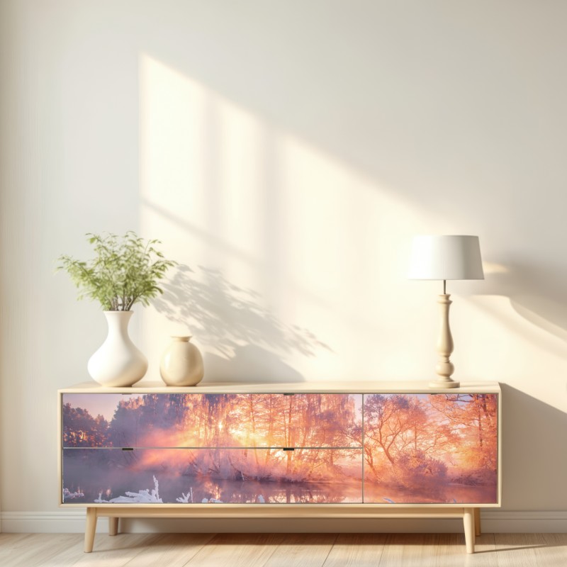 Naklejka repozycjonowalna zimowy wschód słońca nad zamarzniętą rzeką – Wallissimo® Naklejka repozycjonowalna zimowy wschód słońca nad zamarzniętą rzeką – Wallissimo®